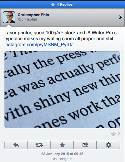 Christopher Phin's tweet with the "all proper and shit" phrase.