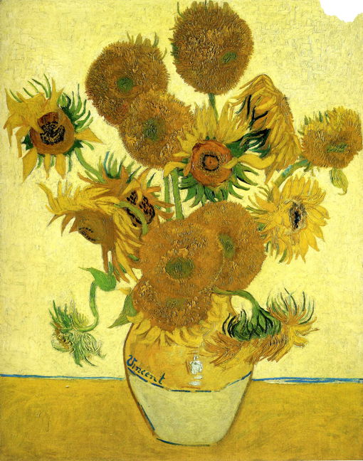 Vincent van Gogh, "Still Life, Vase with Fifteen Sunflowers" ("Sunflowers"), 1888, oil on canvas, 92.1 x 73 cm, The National Gallery, London (WikiArt). Yellows user here are based on chrome yellow, not cadmium.