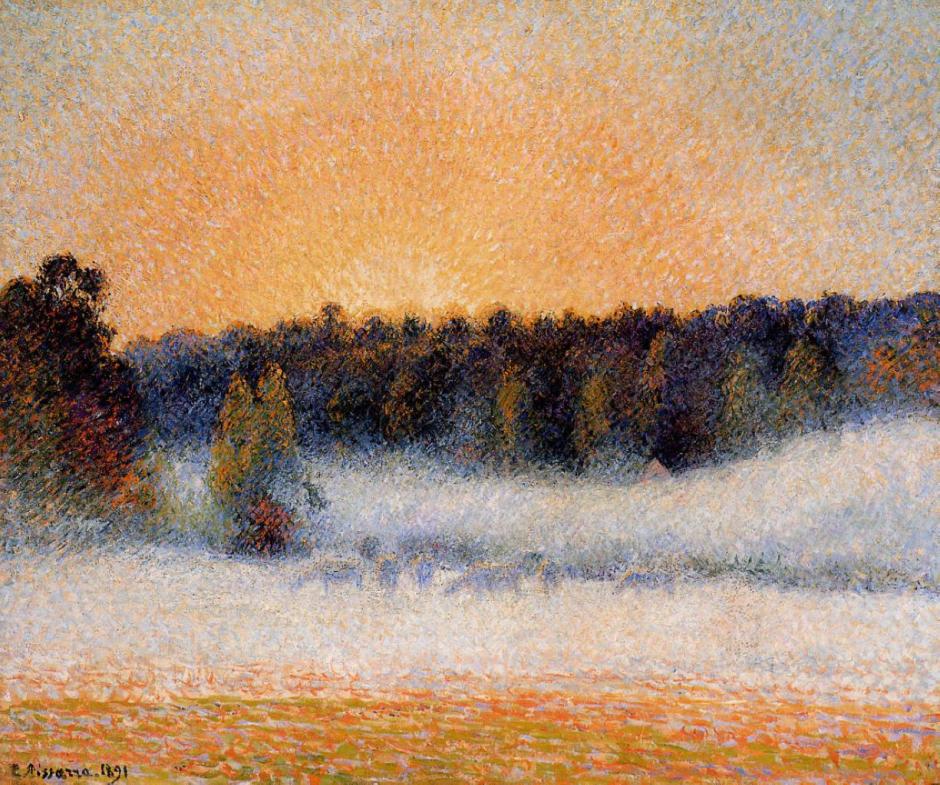Camille Pissarro, Setting Sun and Fog, Éragny (1891), oil on canvas, 54 x 65 cm, Private collection. WikiArt.