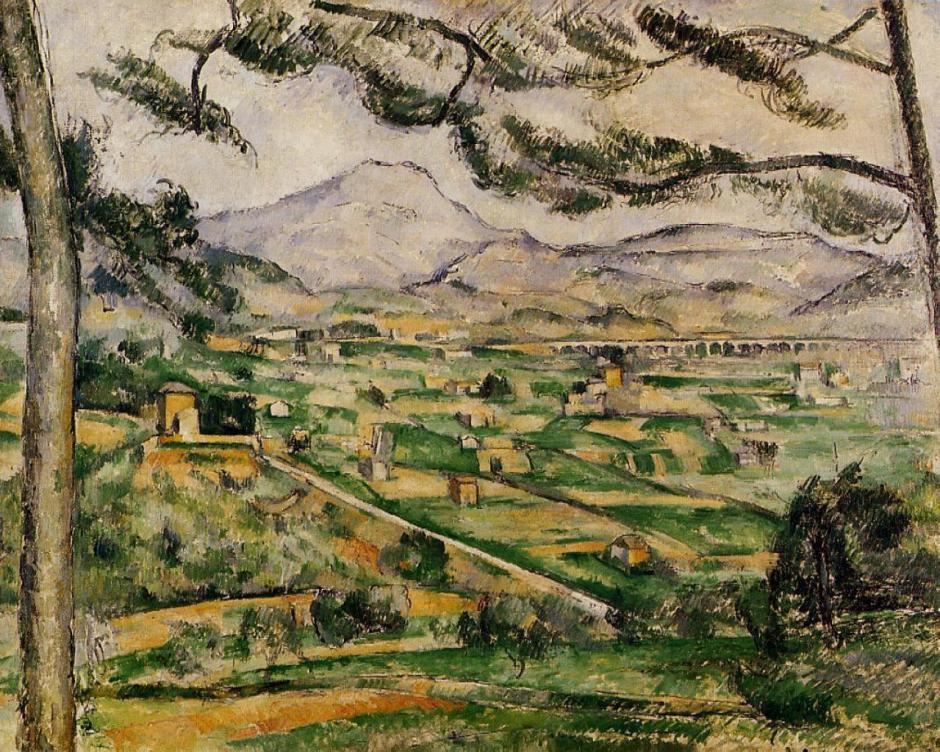 Paul Cézanne, La Montagne Sainte-Victoire au grand pin (1886-7) Rewald no. 598. Oil on canvas, 59.7 x 72.5 cm, Phillips Collection, Washington DC (WikiArt). Framed by the repoussoir pines, the distant mountain shows marked aerial perspective.