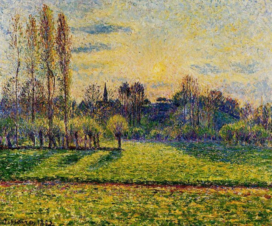 Camille Pissarro, View of Bazincourt, Sunset (1892), oil on canvas, Private collection. WikiArt.