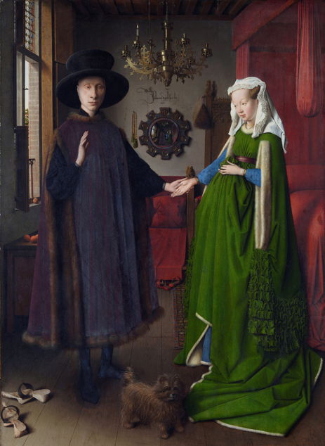 Jan van Eyck, Portrait of Giovanni(?) Arnolfini and his Wife (1434), oil on oak panel, 82.2 x 60 cm. National Gallery, London (WikiArt).