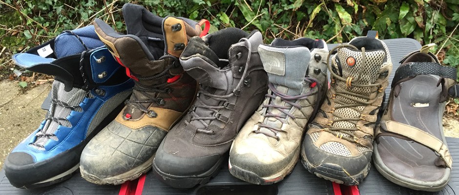 On parade: La Sportiva mountain boots (left), North Face mud-pluggers, Karrimor Ksb II, North Face all-rounders, Merrell Moab Mid, Teva sandals (right).