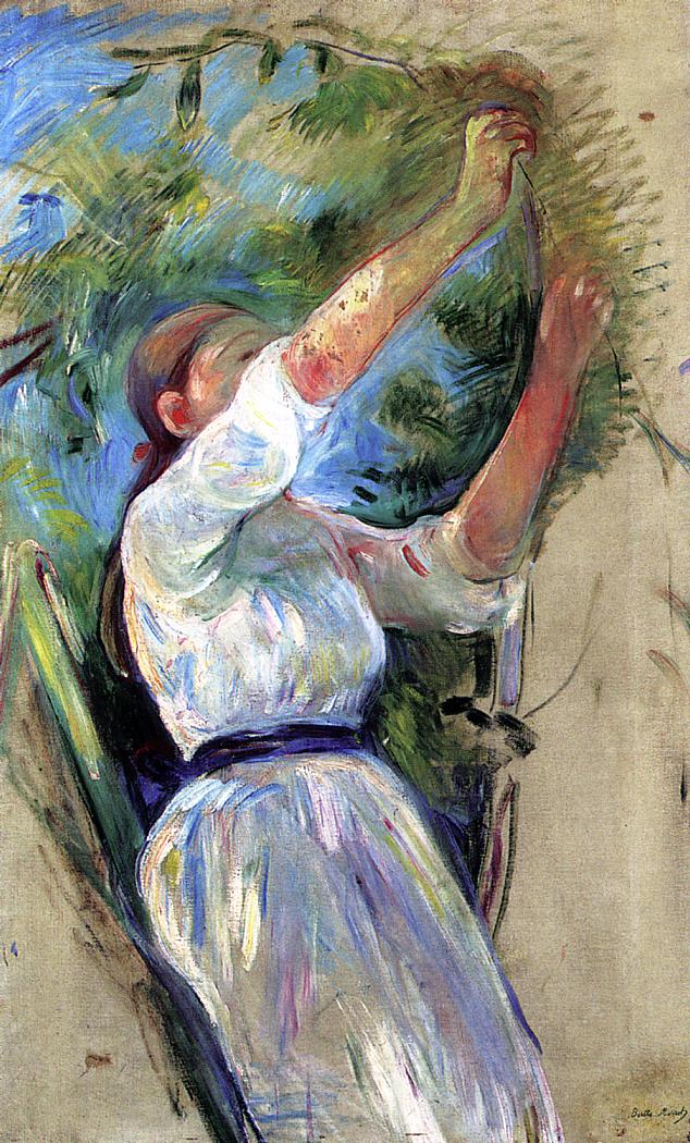 Berthe Morisot, Girl Gathering Cherries (1891), oil on canvas, 85 x 53 cm, Private collection. WikiArt.