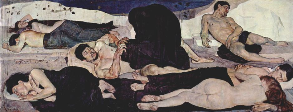 Ferdinand Hodler, The Night (1888-90), oil on canvas, 299 x 116 cm, Kunstmuseum, Bern. WikiArt.