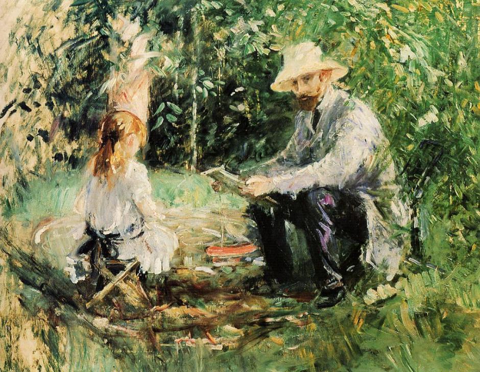Berthe Morisot, Eugène Manet and his Daughter in the Garden (1883), oil on canvas, 60 x 73 cm, Private collection. WikiArt.