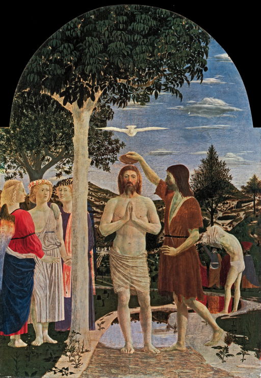 Piero della Francesca, The Baptism of Christ (1450s), egg tempera on panel, 168 x 116 cm, The National Gallery, London. WikiArt.