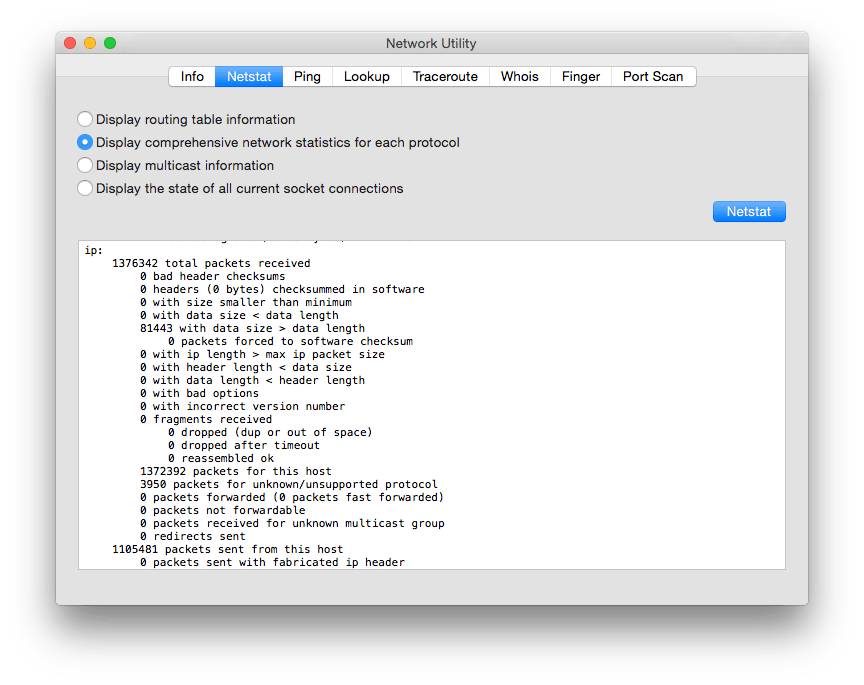 Network statistics per protocol lists figures for TCP, IP, etc., which can help diagnosis.