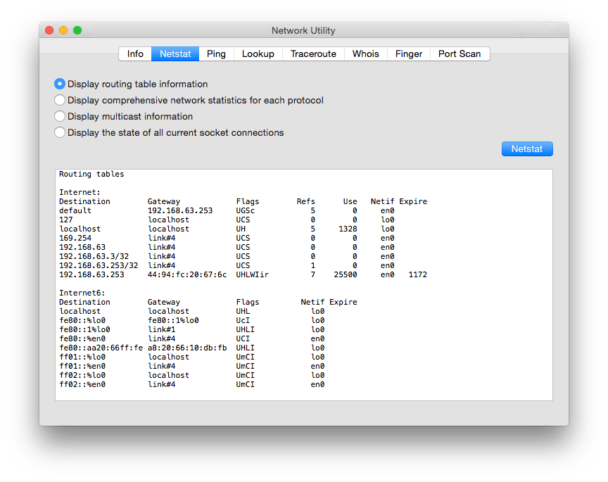 Routing tables show you which network ports have which connections over them.