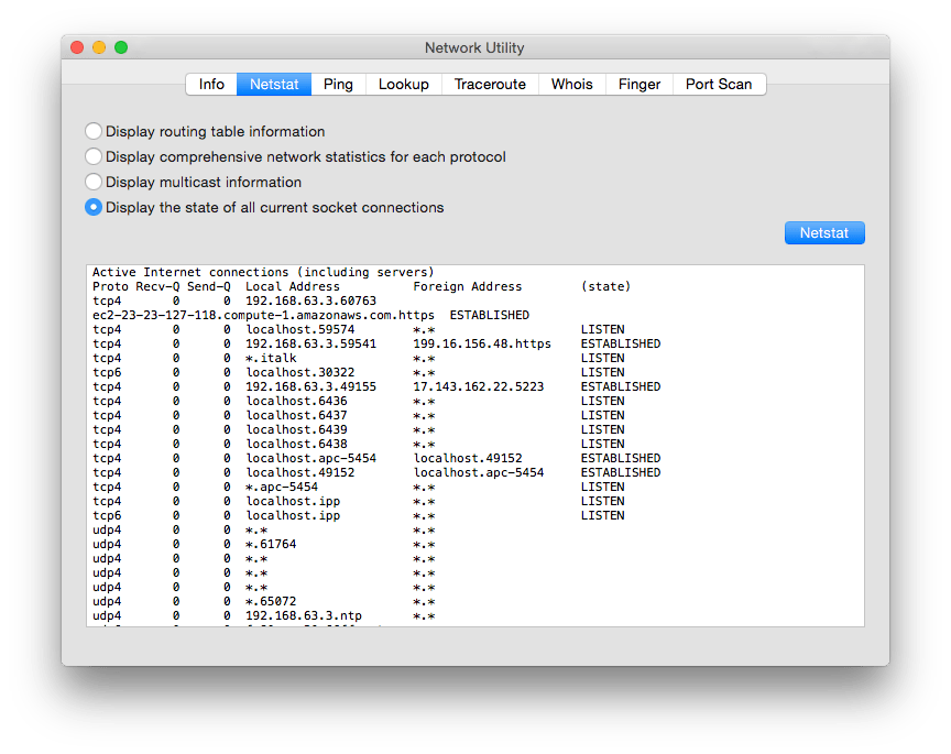 Current socket connections is a long list of active network connections, including those to the Internet.