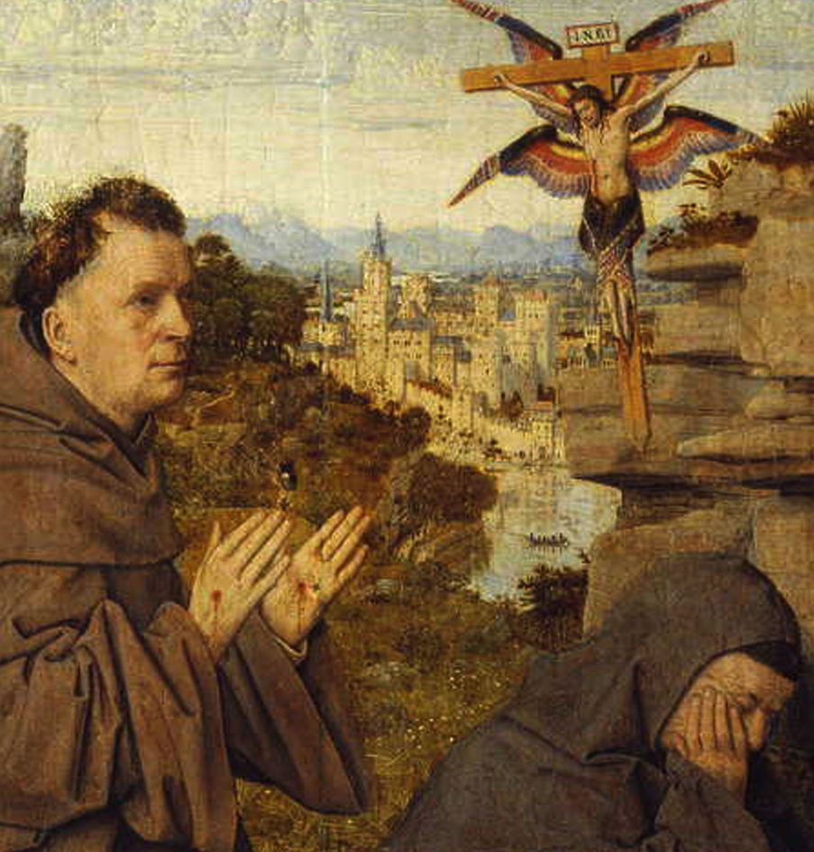Jan van Eyck, Saint Francis of Assisi Receiving the Stigmata (detail) (1430-2) oil on panel, 29.3 x 33.4 cm. Galleria Sabauda, Turin (WikiArt).