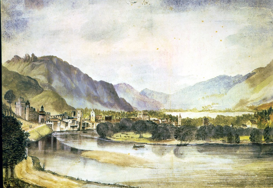 Albrecht Dürer, View of Trento, 1494-5, watercolour and bodycolour on paper, 23.8 x 35.6 cm. Kunsthalle, Bremen; currently held by the Russian Federation, Moscow (WikiArt).