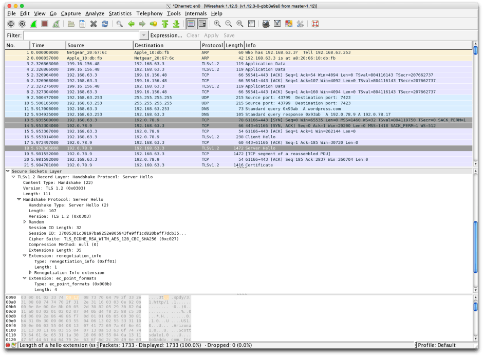 Wireshark. Captured packets are shown in time sequence in the upper pane, their translated contents below, and the original hex data at the bottom.