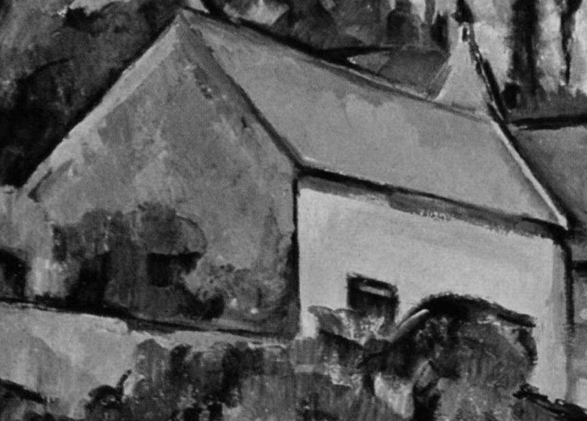 Paul Cézanne, The Turning Road at Montgeroult (detail) (1898), oil on canvas, 65.7 x 81.3 cm, Museum of Modern Art, New York. WikiArt. Shown desaturated using Photoshop.