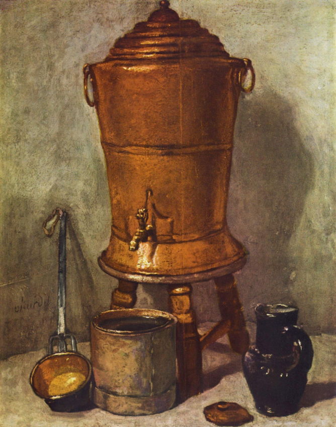 Jean-Baptiste-Siméon Chardin, The Copper Water Tank (c 1734), oil on panel, 28 x 23 cm, Musée du Louvre, Paris. WikiArt.