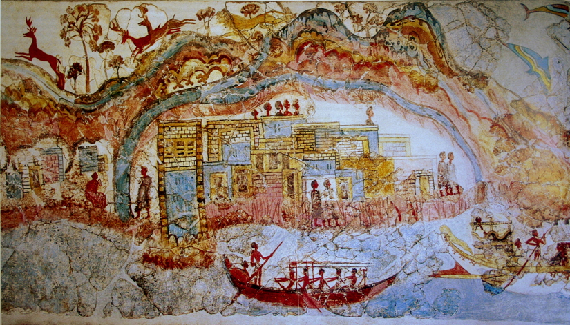 Anonymous, Flotilla Fresco (detail) (before c 1627 BC), fresco, Thera (Santorini, Greece). By pano by smial; modified by Luxo, Wikimedia Commons.