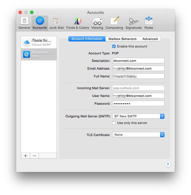 Mail's basic settings for a POP and SMTP mail service.
