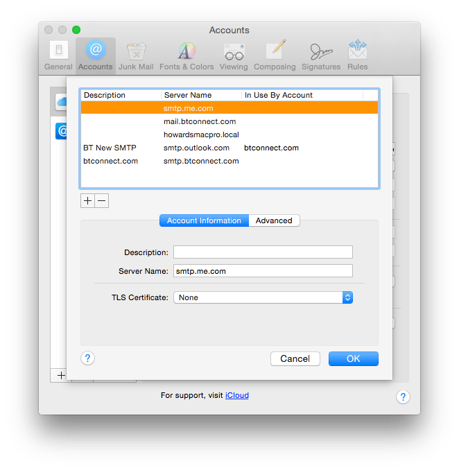 Mail's SMTP server settings for Apple's iCloud service.