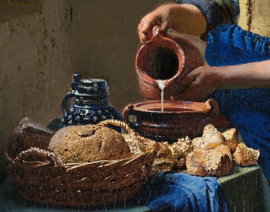 Johannes Vermeer, The Milkmaid (detail) (c 1658-1661), oil on canvas, 45.5 x 41 cm, The Rijksmuseum, Amsterdam. WikiArt.