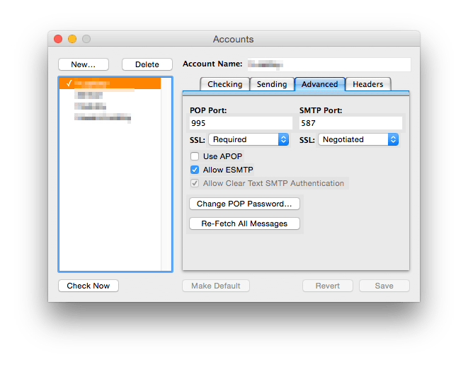 Advanced settings for a POP and SMTP service in a third-party mail client.