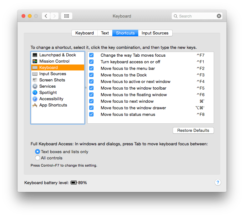 Set up keystroke shortcuts for different circumstances in the Shortcuts tab of the Keyboard pane.