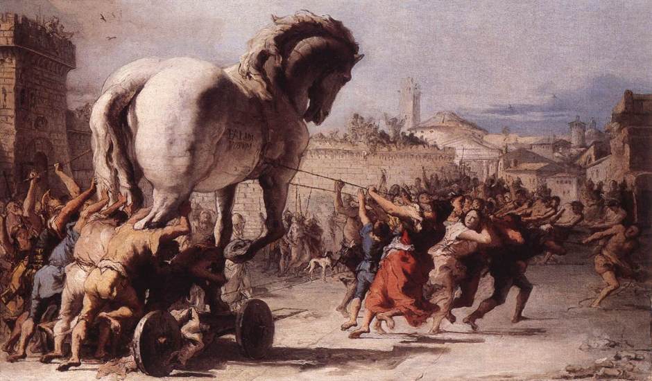 Giovanni Domenico Tiepolo, The Procession of the Trojan Horse in Troy (1773), oil on canvas, 39 x 67 cm. Wikimedia Commons and WikiArt.
