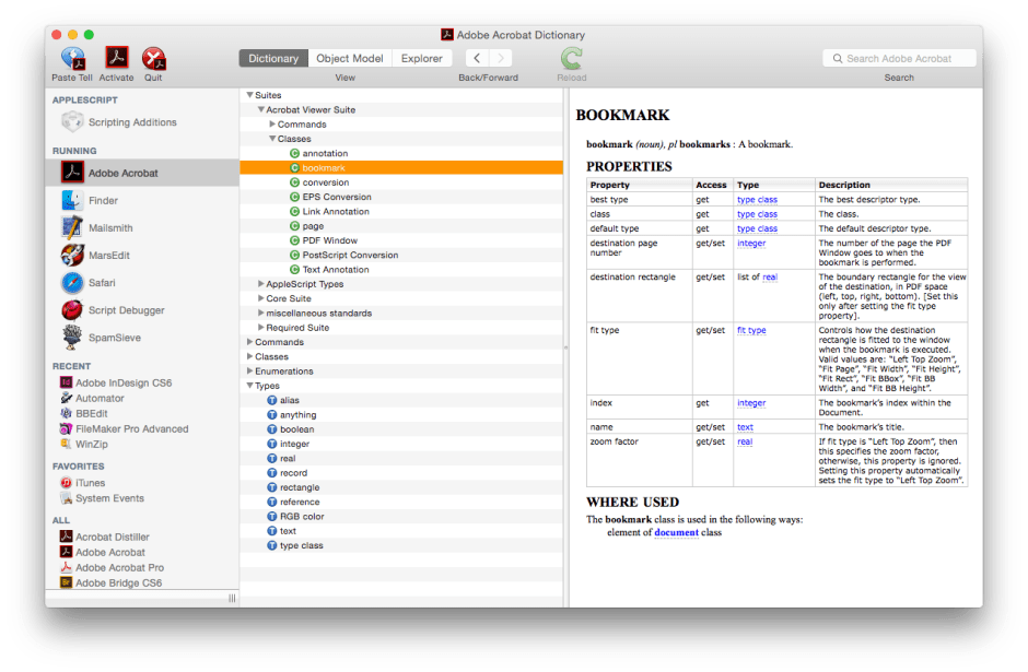 Script Debugger also has an excellent Dictionary Browser.