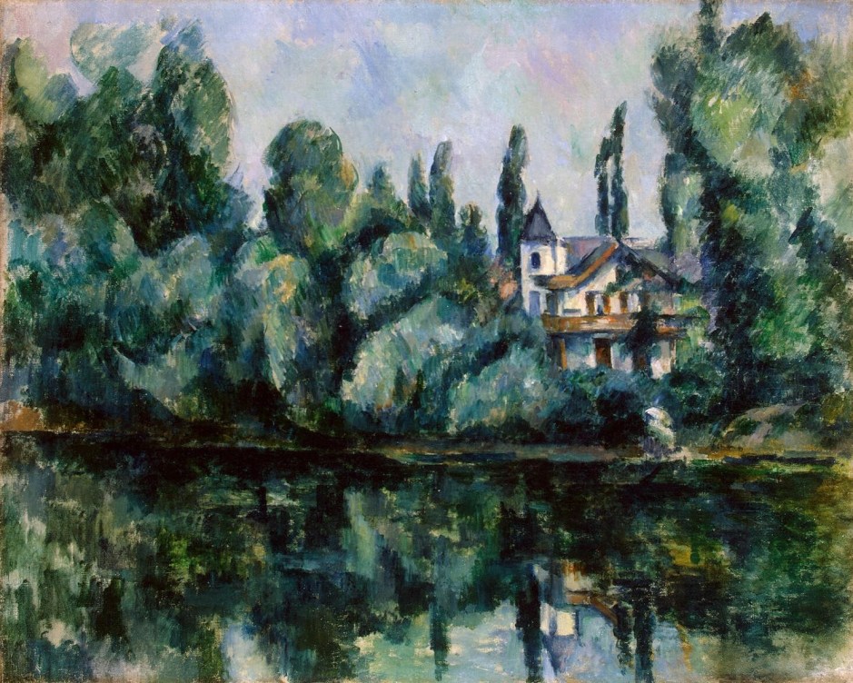 Paul Cézanne, Bords de la Marne I (l’Île Machefer à Saint- Maur-des-Fossés) (1888-94) R623, oil on canvas, 65 x 81 cm, Hermitage Museum, St Petersburg. WikiArt. 