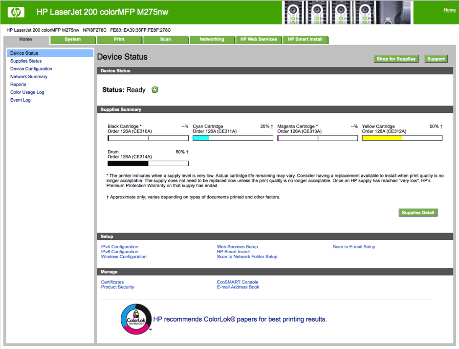 A typical printer web interface page for a networked printer.