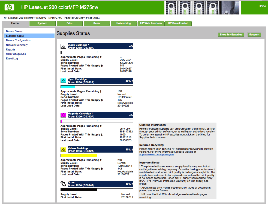 Custom printer web interface pages usually give ample detail on toner levels.