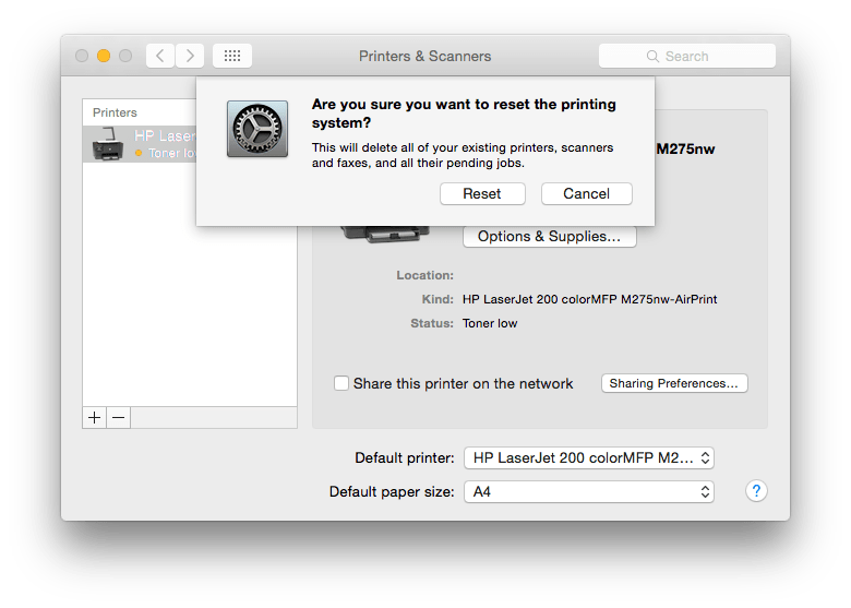 Performing a CUPS reset through the Printers & Scanners pane.