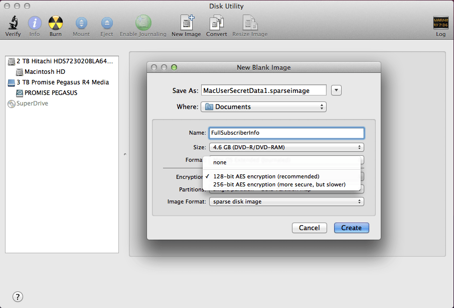 Creating an encrypted disk image using Disk Utility.