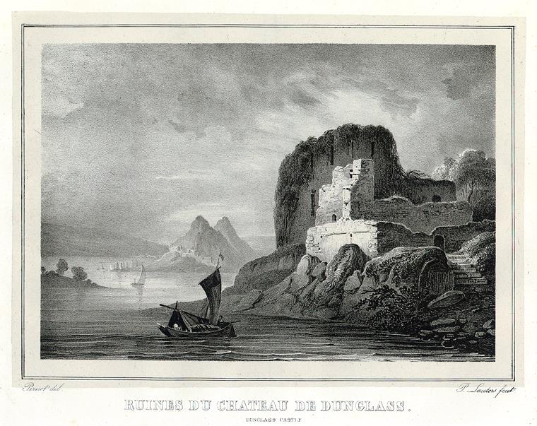 Dunglass Castle, engraving. Drawn by F.A.Pernot and printed by A.Dewasme, via Wikimedia Commons. An engraving with careful texture gradient, adding depth.