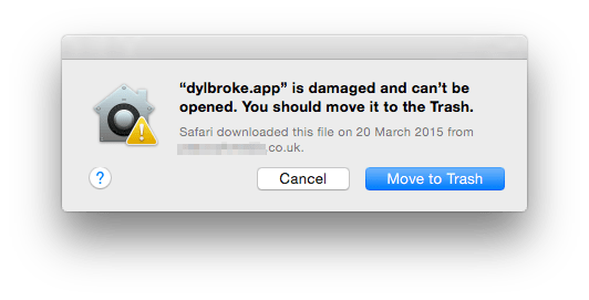 The warning displayed when a signature is incorrect or damaged.
