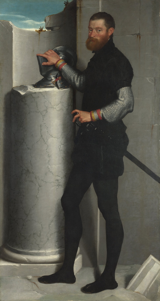 Giovanni Battista Moroni, Portrait of a Gentleman with his Helmet on a Column Shaft, c 1555-6, oil on canvas, 186.2 x 99.9 cm, The National Gallery, London. Wikimedia Commons. Shading on the column makes it appear cylindrical, adding depth.