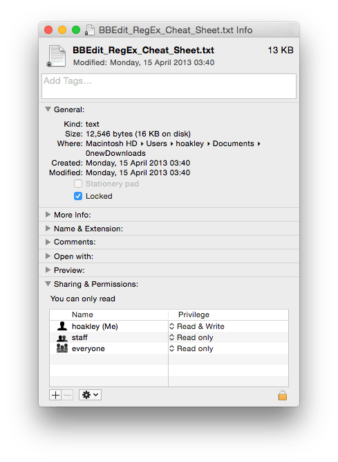 Get Info will show not only permissions, but also whether a file is locked. Either can prevent you from changing and saving it.