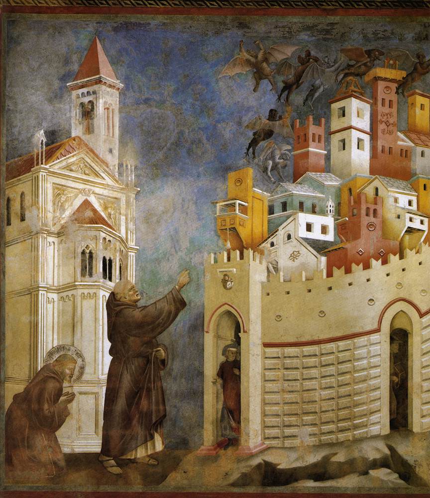 Giotto, Exorcism of the Demons at Arezzo (1299), fresco, 270 x 230 cm, San Francesco, Upper Church, Assisi, Italy. WikiArt.