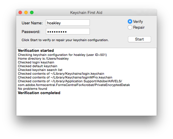 Check and repair keychains using Keychain First Aid, launched within Keychain Access.