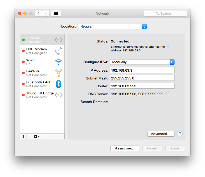 A basic fixed IP address setup in the Network pane.