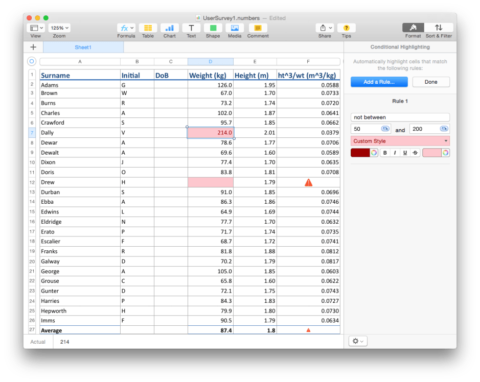 Numbers also offers Conditional Formatting as a means of range checking.