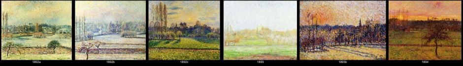 Camille Pissarro, a tiny sample of the many paintings in his Bazincourt series, circa 1892-4.
