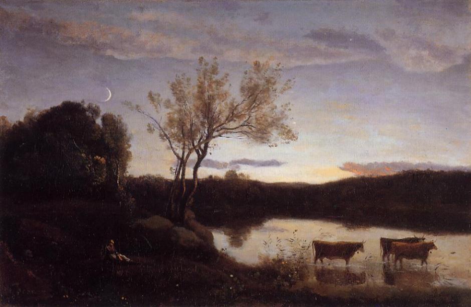 Jean-Baptiste-Camille Corot, A Pond with Three Cows and a Crescent Moon (c 1850), oil on canvas, 35.5 x 53.4 cm, Private collection. WikiArt. 