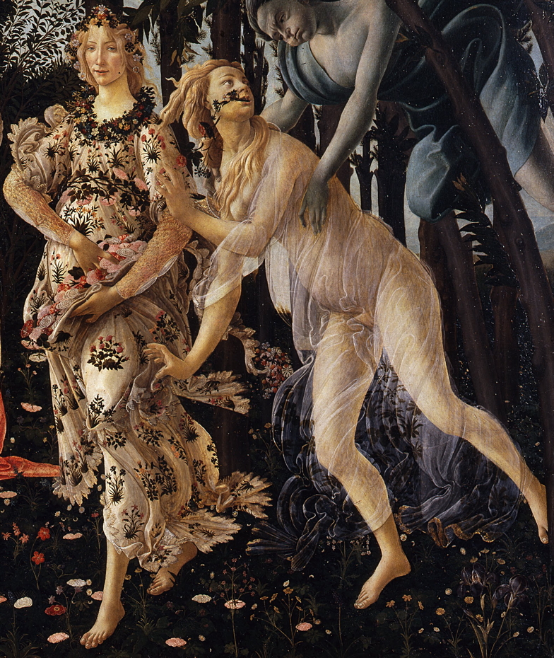 Sandro Botticelli (Alessandro di Mariano di Vanni Filipepi), Primavera (Spring) (detail) (c 1482), tempera on panel, 202 x 314 cm, Galleria degli Uffizi, Florence. Wikimedia Commons. 