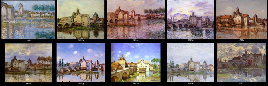 Alfred Sisley, some of the series of views of the bridge and town at Moret-sur-Loing, 1892-3.