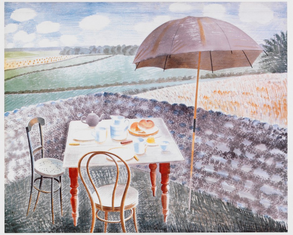 Eric Ravilious, Tea at Furlongs (1939), watercolour and pencil on paper, 35 x 43 cm, The Fry Art Gallery, Saffron Walden, England. Wikimedia Commons.