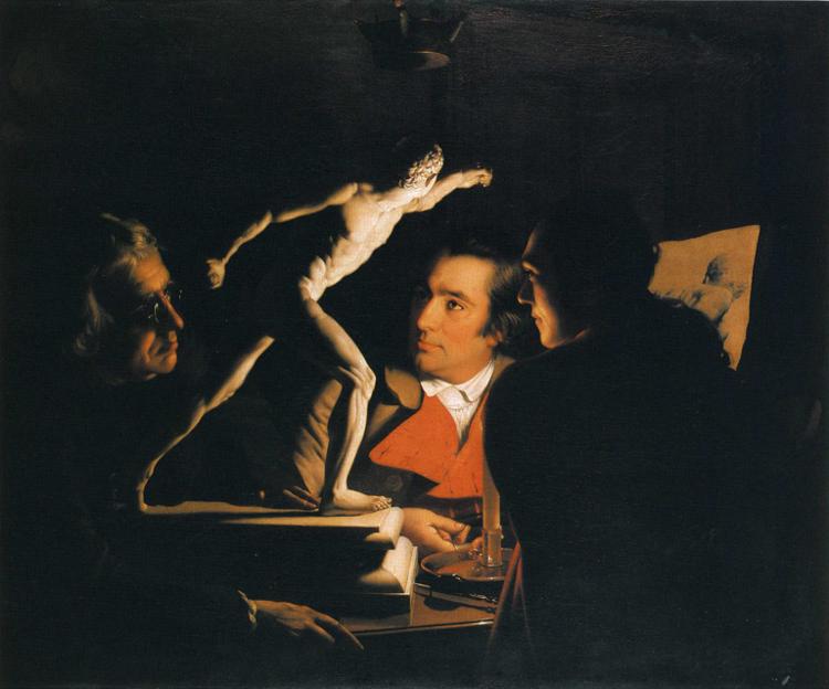 Joseph Wright (of Derby), Three Persons Viewing the Gladiator by Candlelight, 1765, oil on canvas, 101.6 x 121.9 cm, Private collection. WikiArt. Even in shallow views, shadow can be a strong cue to depth.