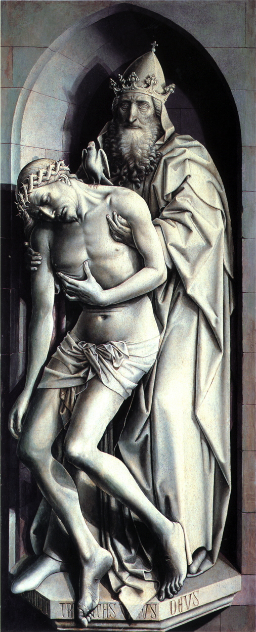 Robert Campin, The Trinity of the Broken Body, 1410, grisaille on panel, 147.5 x 57.6 cm, Städelsches Kunstinstitut, Frankfurt am Main. WikiArt. Shade and shadow transform this grisaille to appear strongly three-dimensional.