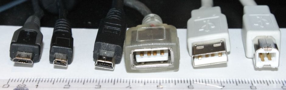 A range of standard USB 2 connectors. By Viljo Viitanen, Wikimedia Commons.