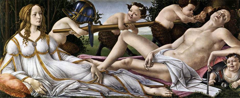 Sandro Botticelli (Alessandro di Mariano di Vanni Filipepi), Venus and Mars (c 1485), tempera and oil on poplar panel, 69.2 x 173.4 cm, The National Gallery, London. WikiArt. 