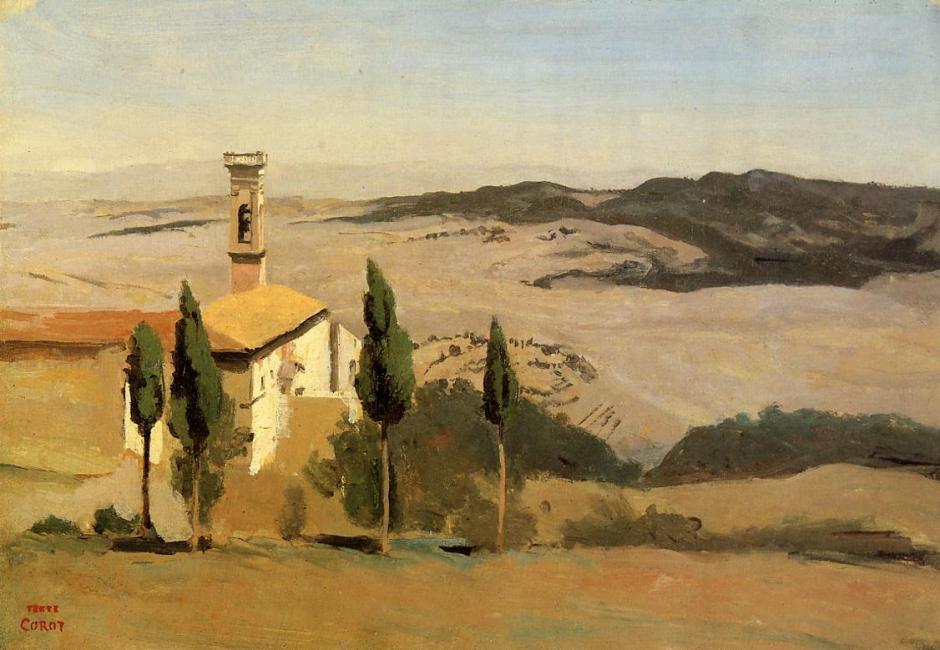 Jean-Baptiste-Camille Corot, Volterra, Church and Bell Tower (1834), oil on canvas (?), 29 x 42 cm, Private collection. WikiArt. 